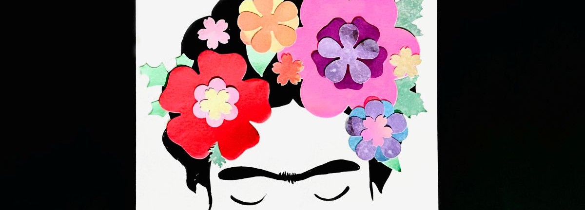 Frida Kahlo floral headdress collage on top of black and white silhouette image of Frida's head.