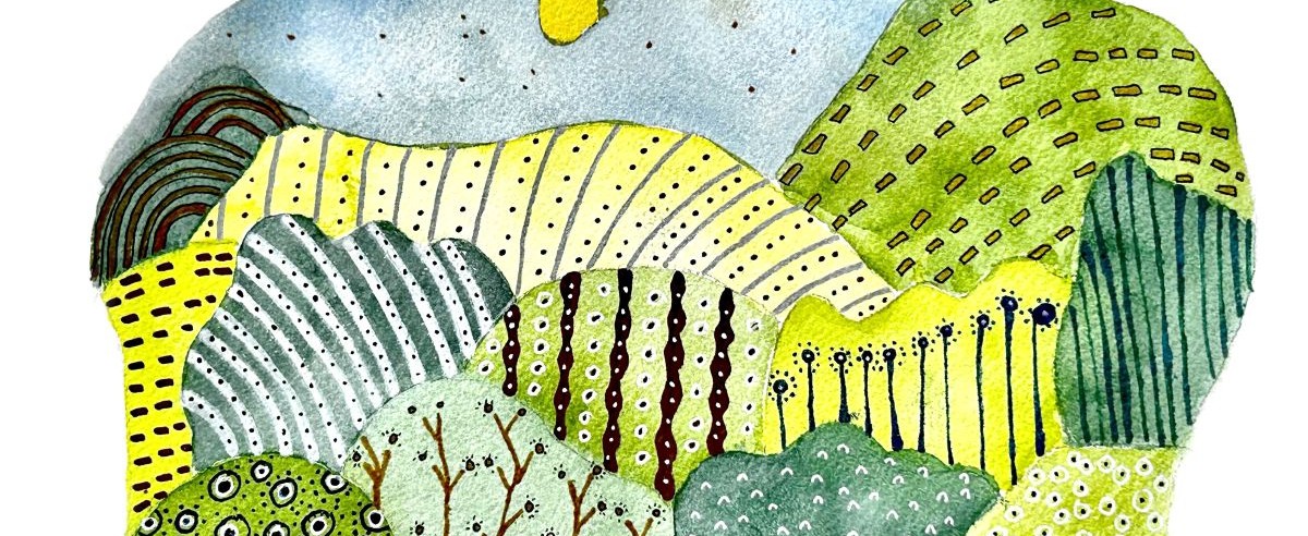 Abstract watercolor landscape rendered in patterned patches of blue, green, yellow, brown, and black paint.