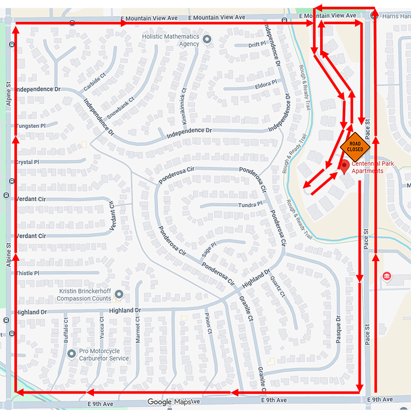 Map of a neighborhood showing a detour route around a road closure near Centennial Park Apartments. Thick red arrows mark the path of travel. Drivers are directed to bypass the closure by using E Mountain View Avenue across the top of the map, Alpine Street on the left, E 9th Avenue along the bottom, and Pace Street on the right, creating a large rectangular loop around the neighborhood. Near Centennial Park Apartments on the right side of the map, a “Road Closed” sign marks the closed section. Smaller red arrows show local traffic rerouting through adjacent streets around the closure before reconnecting with Pace Street and E Mountain View Avenue.
