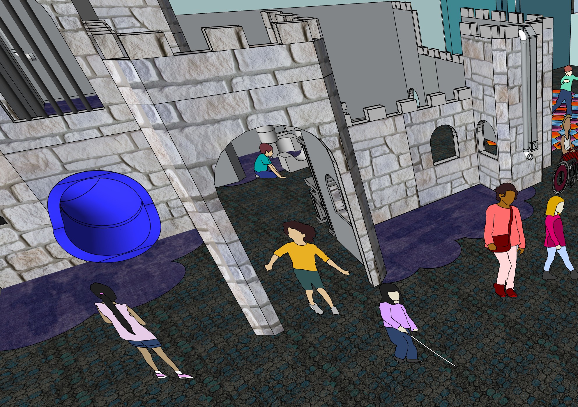 A rendering of a castle with children playing