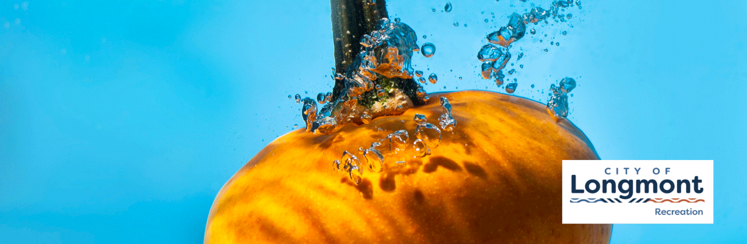 floating pumpkin in turquoise water with bubbles and Recreation logo