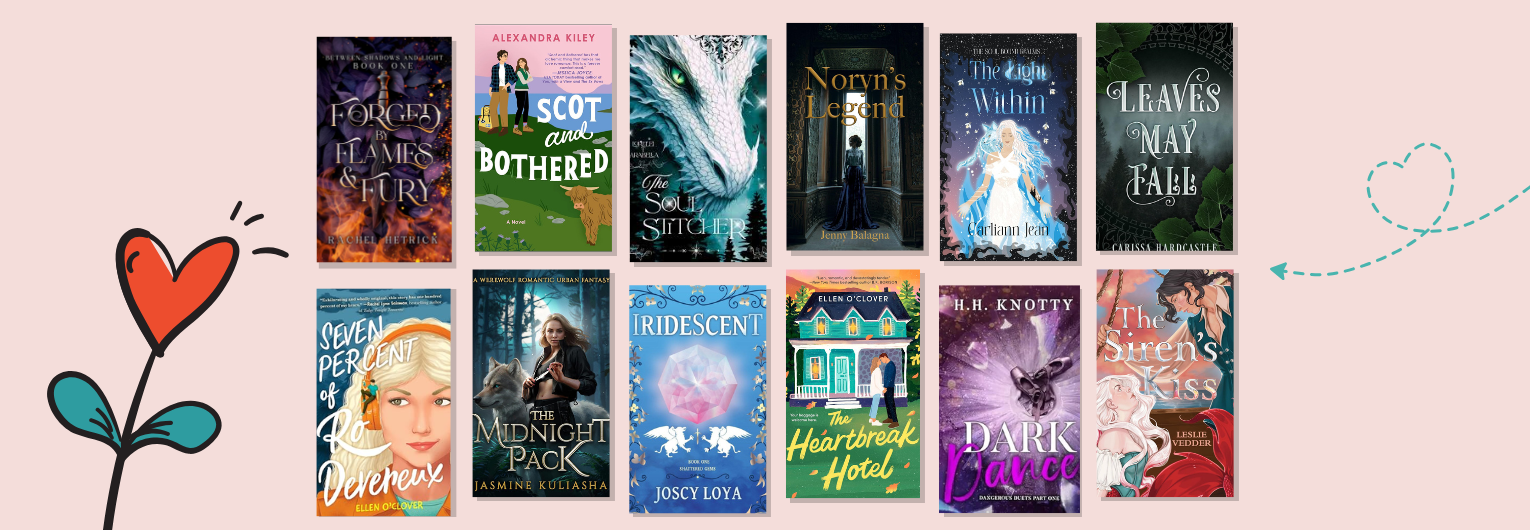 pink background with book coveres from romance authors lined up on it and a red flower illustration on the left