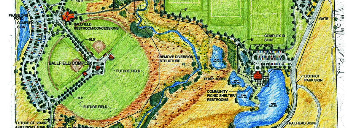 Excerpt of color site plan of Sandstone Ranch Community Park. The full image appears below on this page. Phase appears in the left half of this image and will include a four-plex of fields labeled "Ballfield Complex,” warmup areas, bleachers, a restroom building, shade shelters, walkways, and an additional parking lot. The remainder of the map shows existing park amenities.