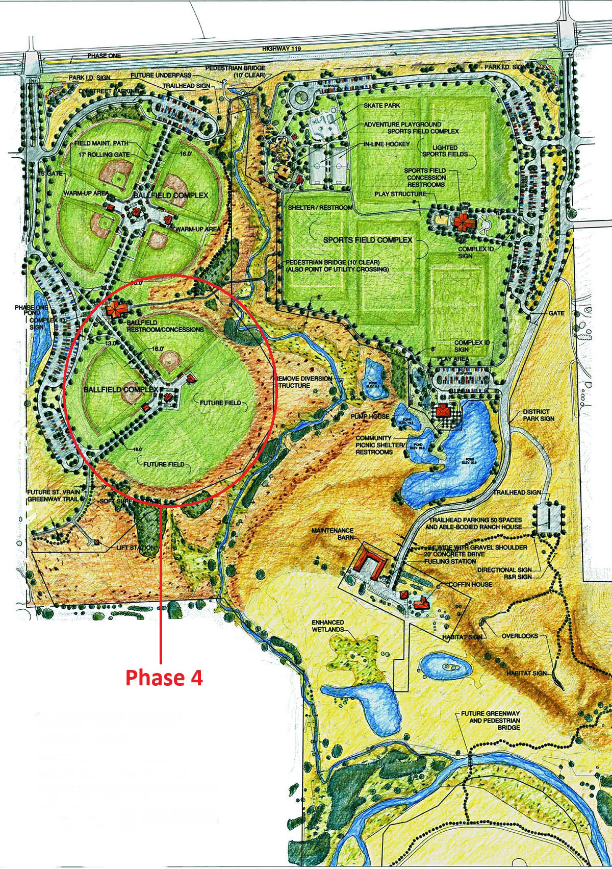 Color site plan of Sandstone Ranch Community Park with a red outline and arrow highlighting Phase 4 in the southwest portion of the park. Phase 4 will include a four-plex of fields labeled "Ballfield Complex”, warmup areas, bleachers, a restroom building, shade shelters, walkways, and an additional parking lot. The remainder of the map shows existing park amenities, including ballfields, skate park, adventure playground, parking lots, ponds, wetlands, and maintenance facilities.