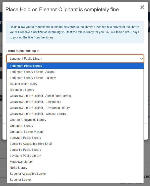 a screen shot of all the places listed by name where you can pick up holds from the Longomnt Library