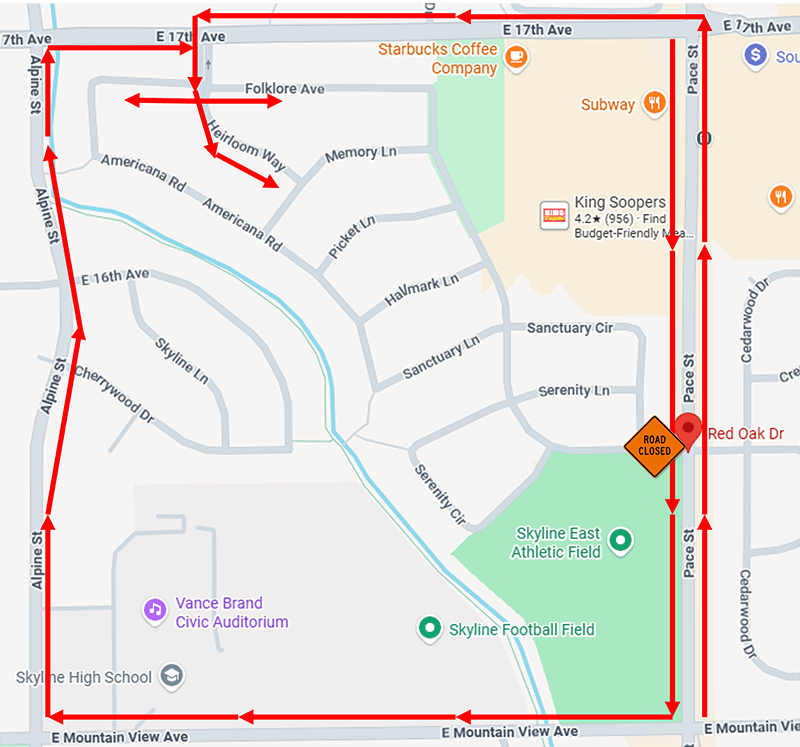 Map showing a road closure on Pace Street at Red Oak Drive with a signed detour route. Northbound and southbound traffic on Pace Street is detoured using East Mountain View Avenue, Alpine Street, and East 17th Avenue. Access to neighborhoods west of Pace Street is available from Alpine Street via East 17th Avenue and Folklore Avenue, with local access continuing on Heirloom Way. A "Road Closed" symbol marks the closure on Pace Street just south of Red Oak Drive. Directional arrows indicate traffic flow along the detour route.