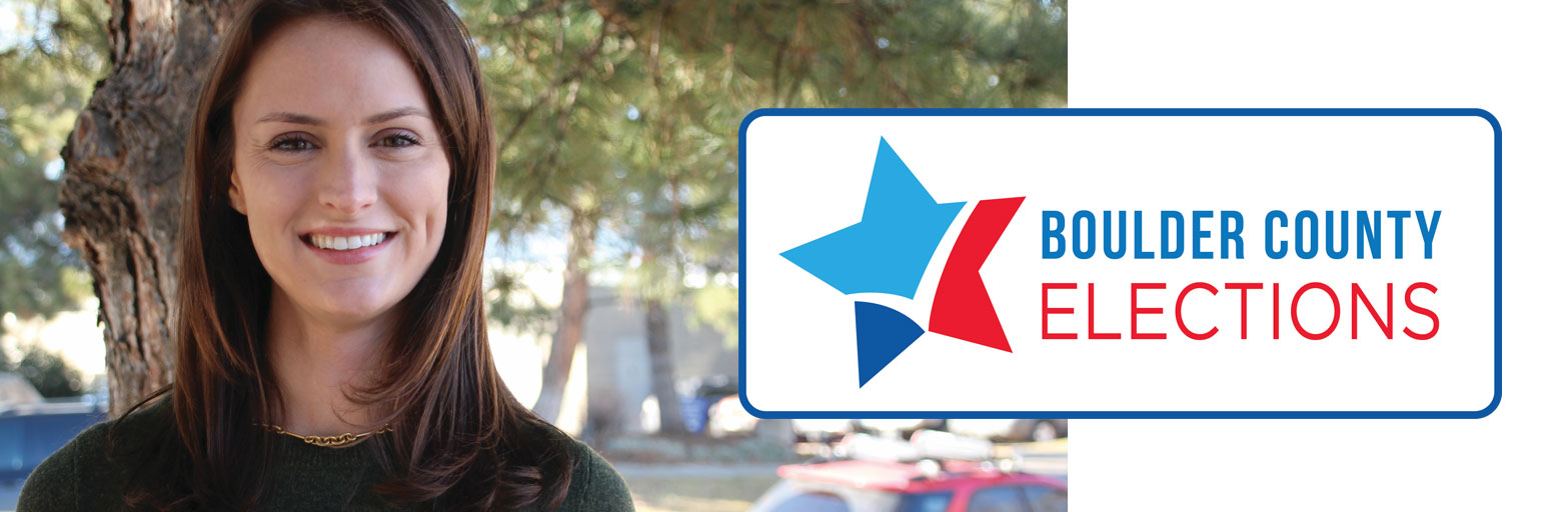 woman smiling and a logo graphic for Boulder County Elections and a star next to it.