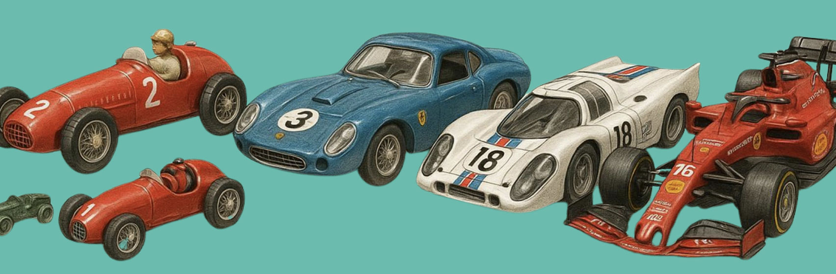 Image of old classic cars lined up on a teal background.