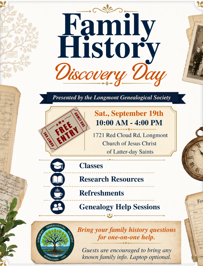 poster for a genealogy event with a ticket and words discovery day FAMILY HISTORY