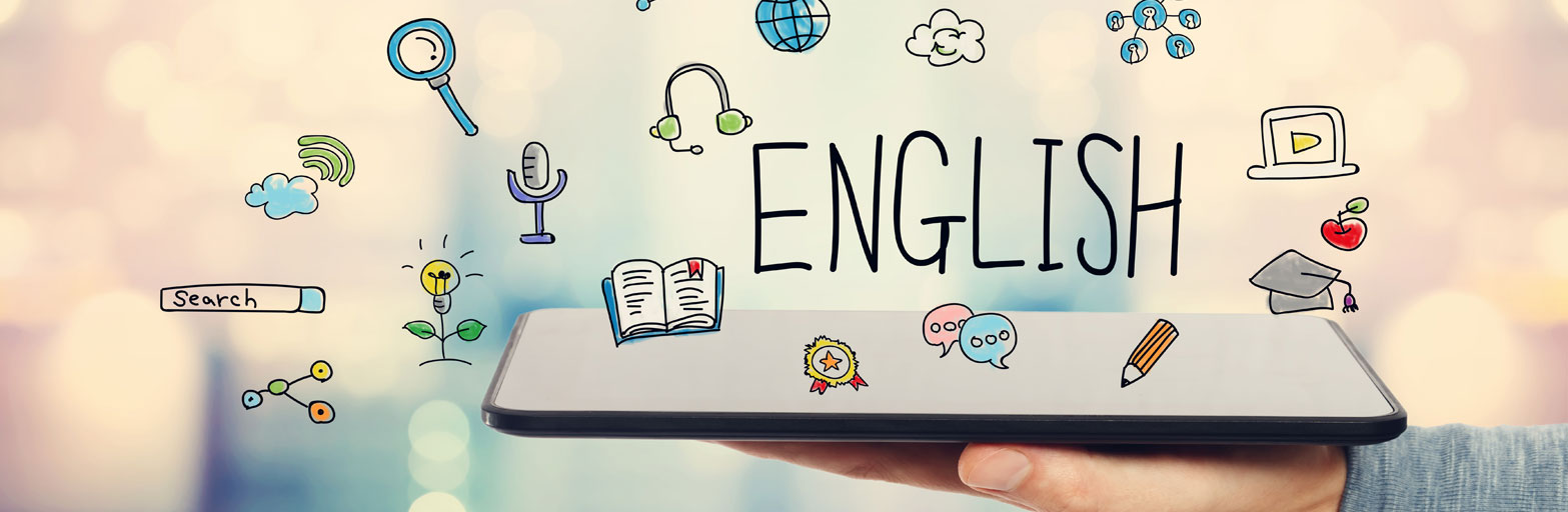 a hand holding a tablet with illustrations of english words and icons overlaying