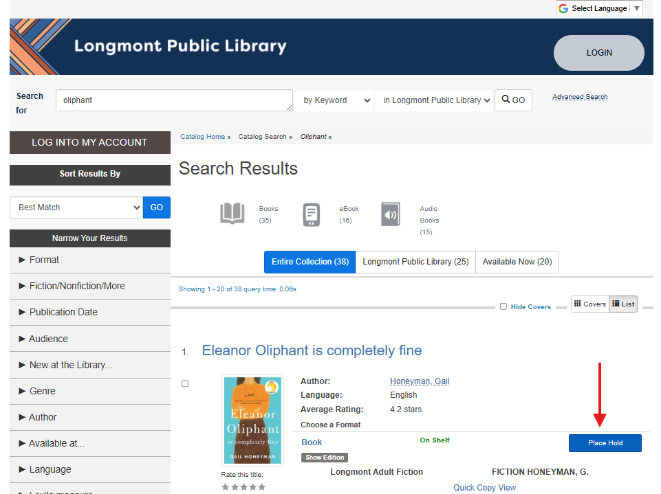 a screen shot how to start requesting a hold items from the Longomnt Library;s online catalog.