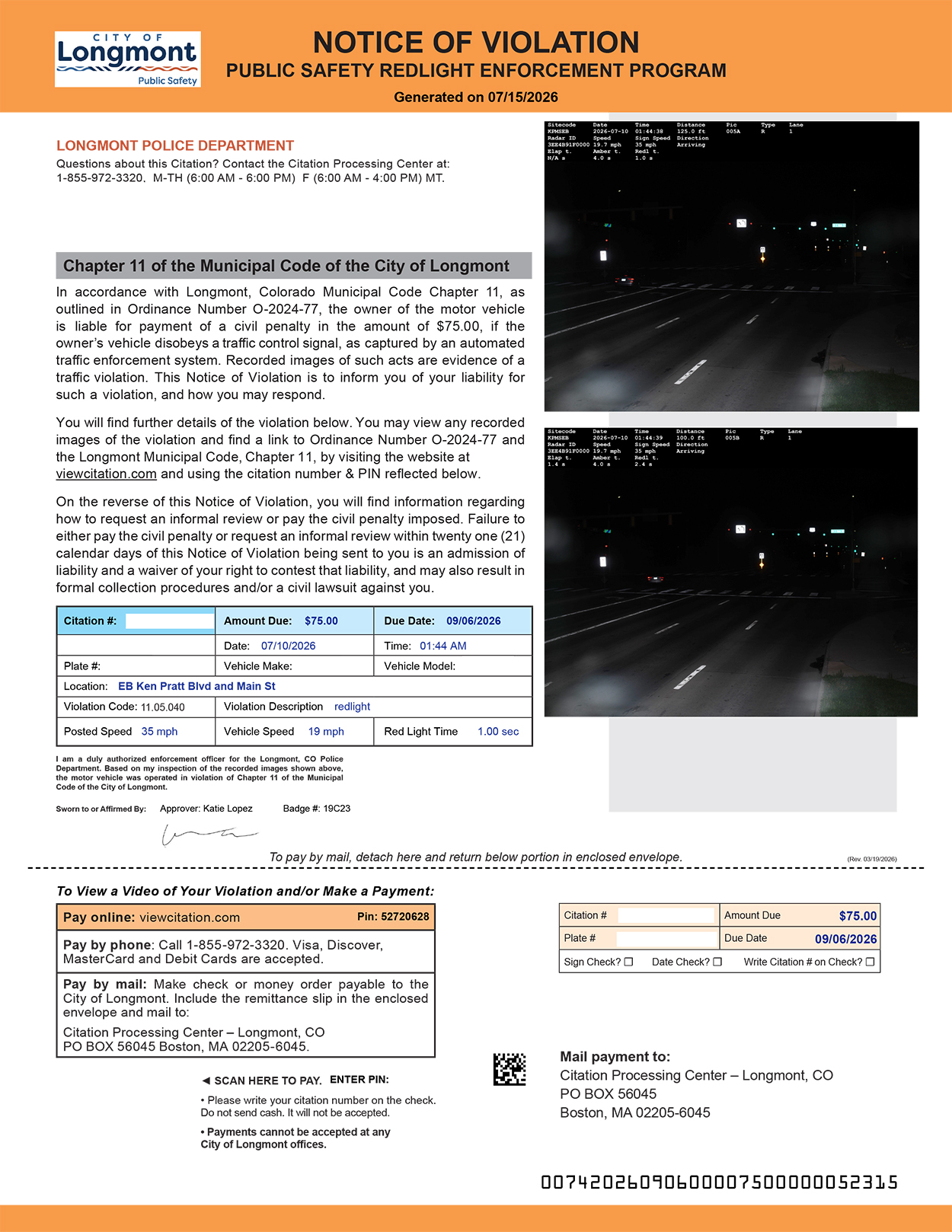 Longmont automated speed red light citation