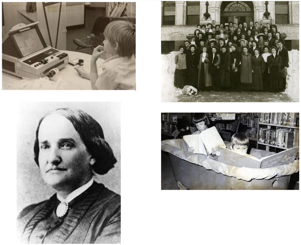 collage of black and white historical photos of the Longmont library