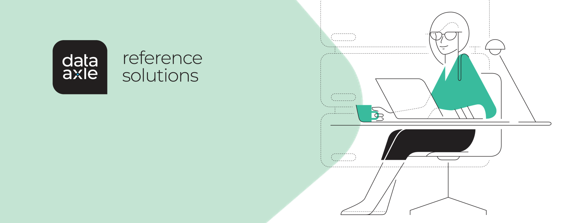 green background with illustration of a person at a computer and words Data Axle