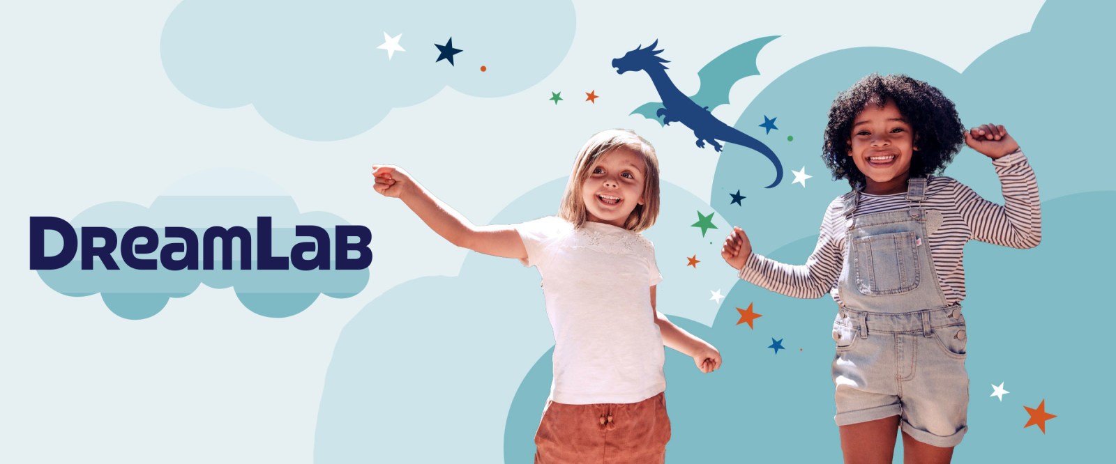 Two kids playing with a cartoon dragon in the background