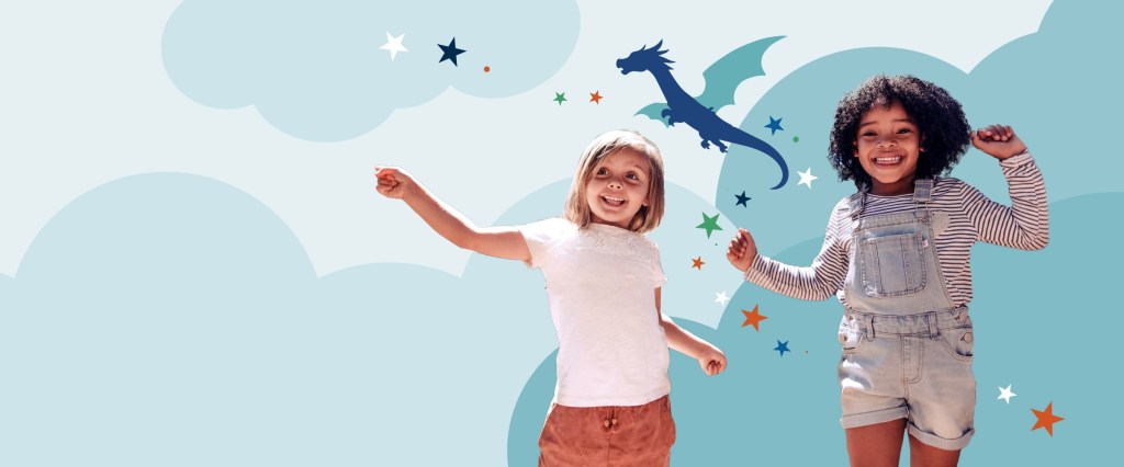 Two kids dancing with a dragon in the background