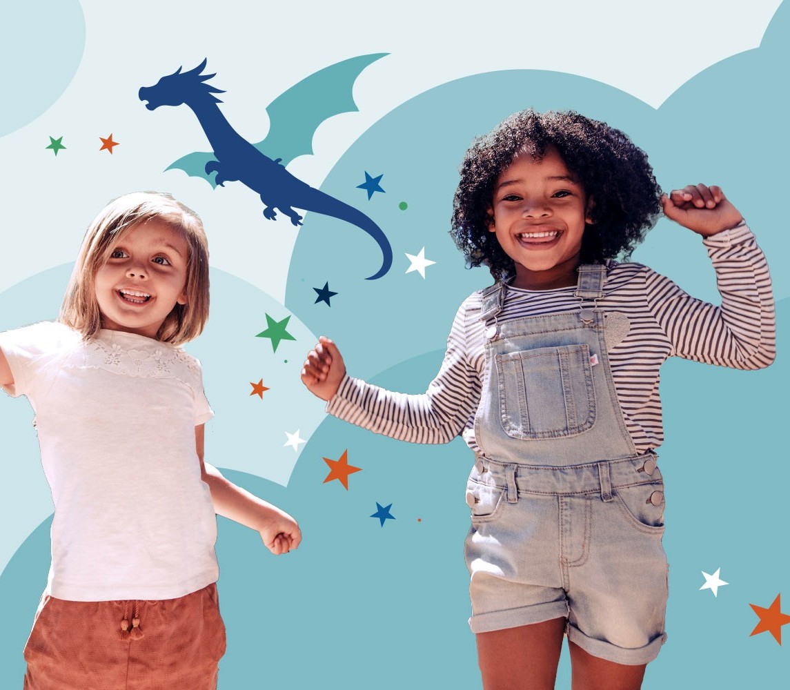 two girls dancing with an illustrated dragon in the background