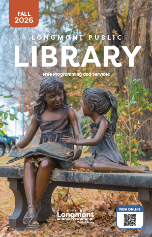 Cover of the Fall 2026 Library brochure image of bronze statue of two girls on bench reading.