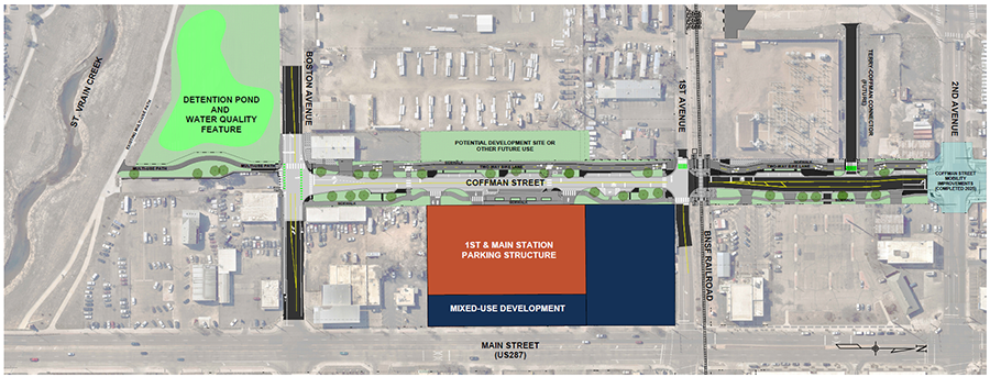 Map with Main St at the bottom with a navy L shape labeled "Mixed-use Development" surrounding an orange box above labeled "1st & Main Station Parking Structure." The rectangles are between Main St and Coffman St between 1st Ave and Boston Ave. The map also shows a Detention pond to the south of Boston Ave.