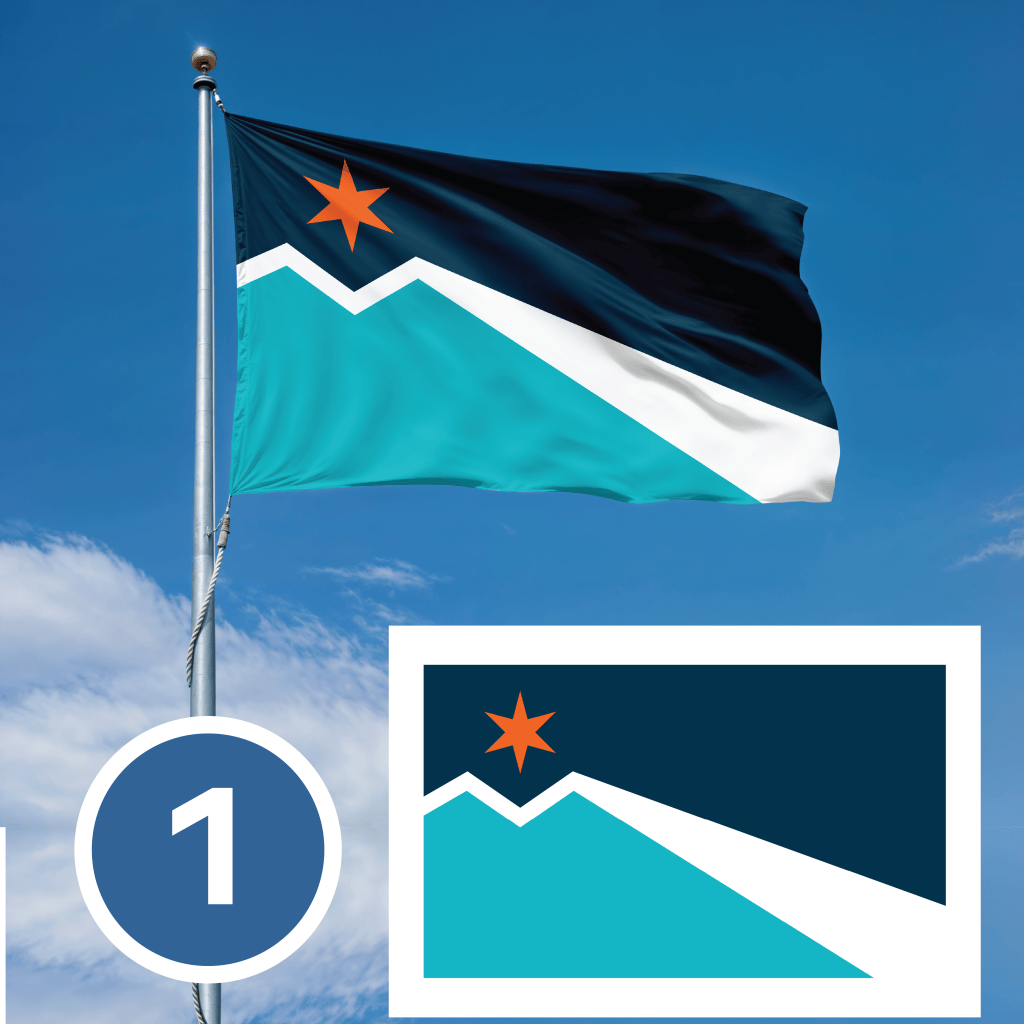 Flag design onw with teal mountains and an orange six pointed star.