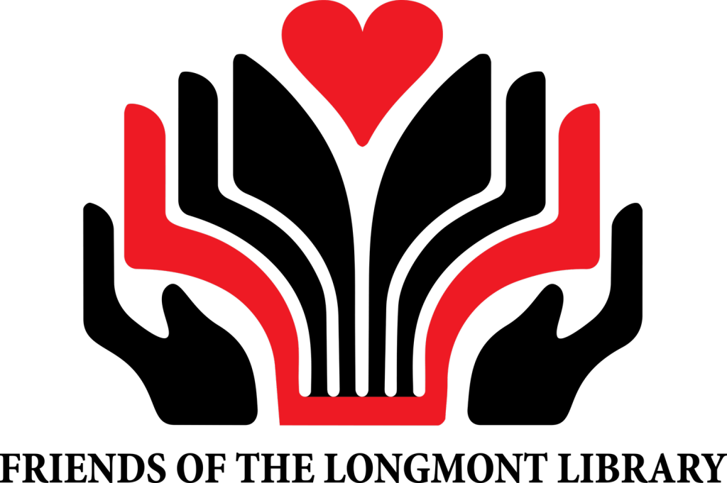 red and black books and a heart logo Friends of the Longmont Library