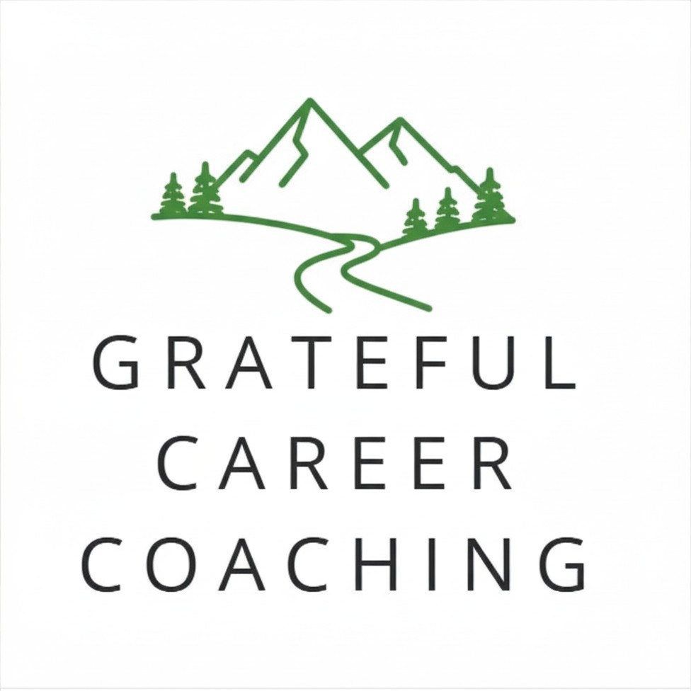 Grateful Career Coaching logo with green mountains at the bottom.
