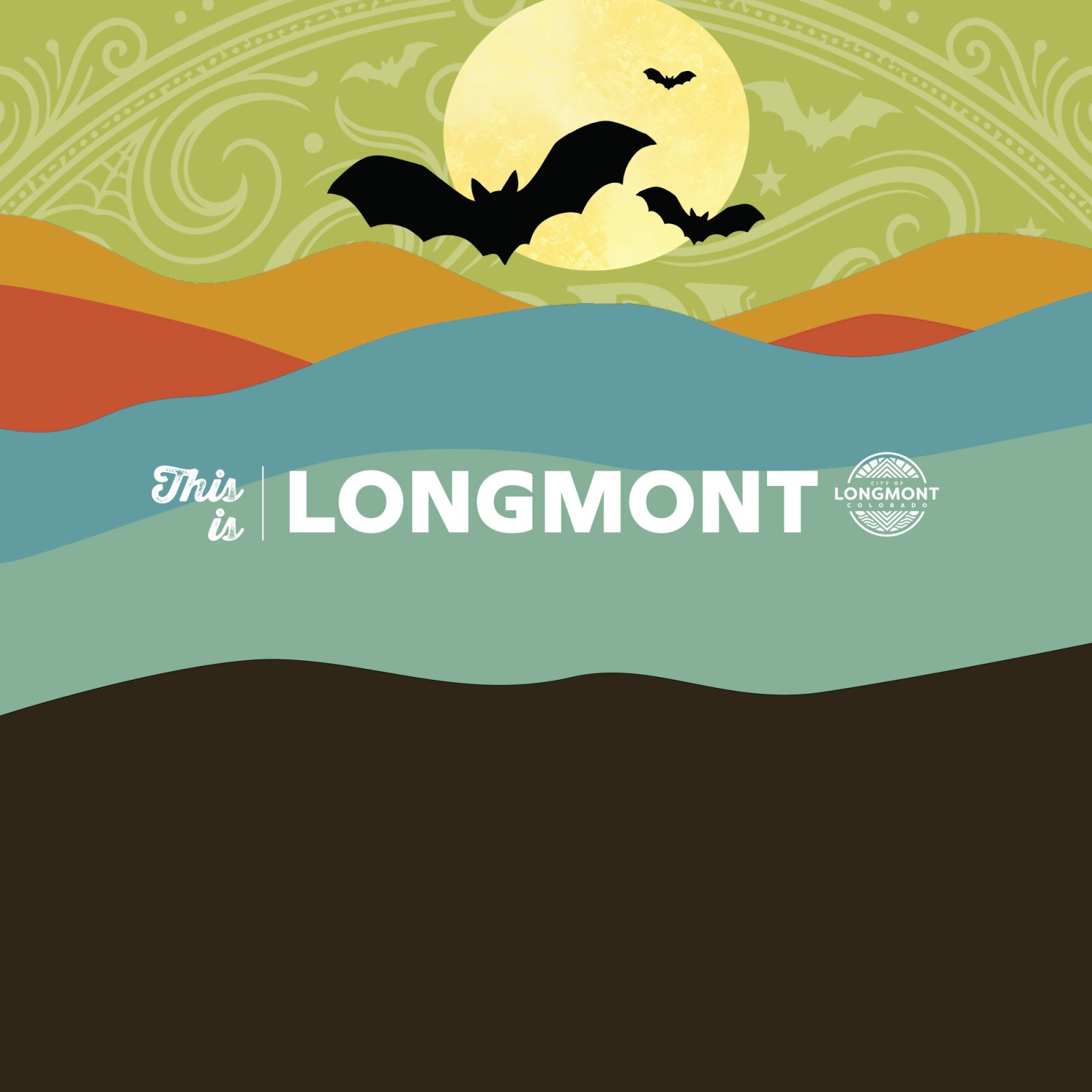 Mountain scene with Halloween colors featuring a full moon, bats and a decorative green sky.