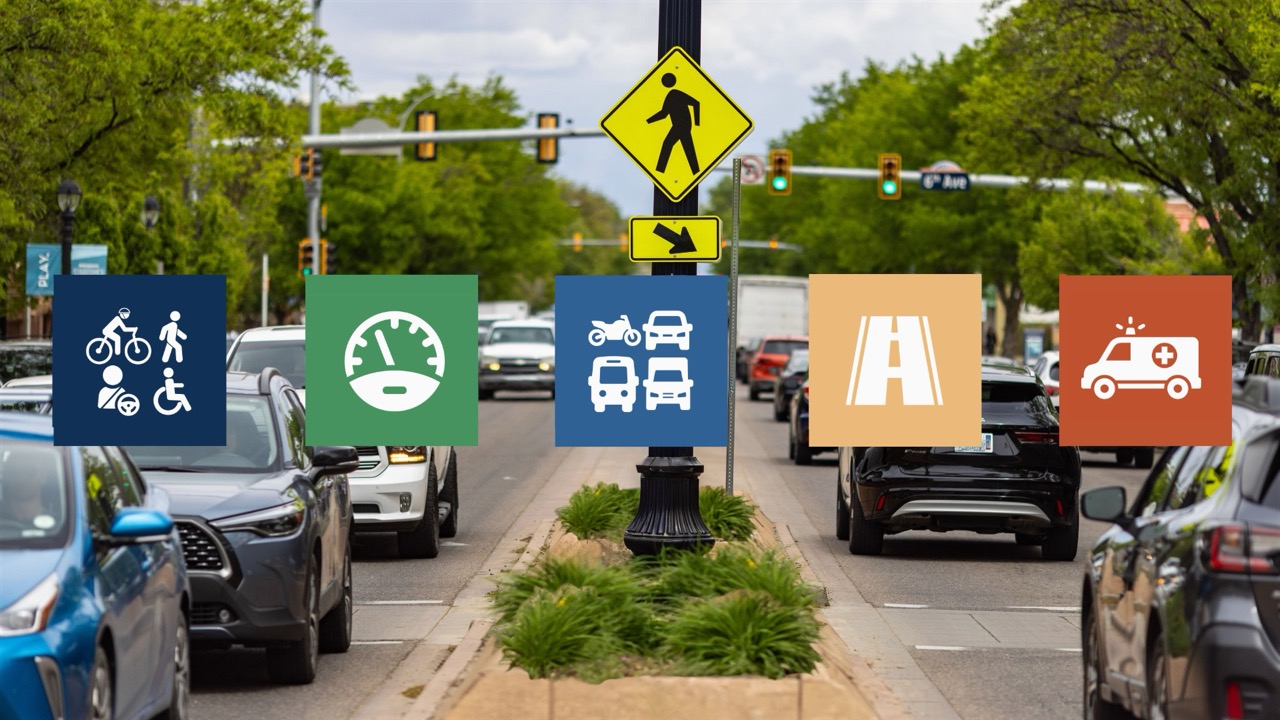 A tree-lined city street with traffic lights and cars in both directions, divided by a landscaped median planted with grasses. A lamppost in the median holds a yellow pedestrian crossing sign with an arrow pointing toward the crosswalk. Five colored square icons span the image, representing the Safe System elements: safer people (cyclist, pedestrian, driver, and wheelchair user) in navy, safer speeds (speedometer) in green, safer vehicles (motorcycle, car, bus, truck) in blue, safer roads (road) in tan, and post-crash care (ambulance) in orange.