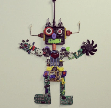 collage of buttons and parts in a robot shape