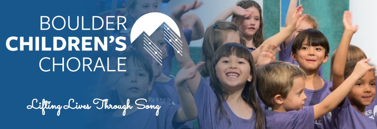 Photo featuring children singing and the title Boulder Choral with a blue gradient.