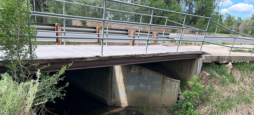 Pedestrian bridge with metal railing and wooden walking surface with concrete support viewed from the bank of Spring Gulch #1