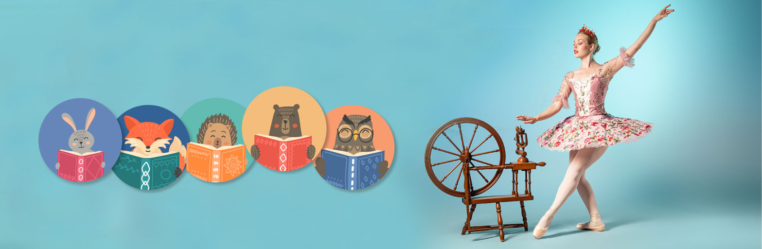 ballerina on pointe next to a spinning wheel on a blue background with icons of animals reading